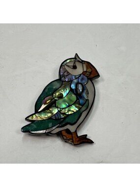 Vintage Abalone Inlay Pin Of A Puffin 2 1/2 Inches